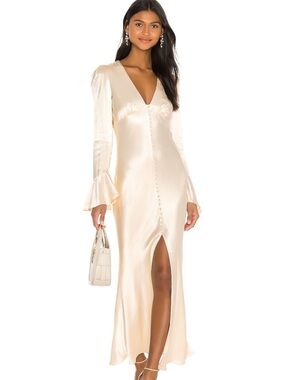 Satin V-Neck Long Sleeve Maxi Dress in Cream